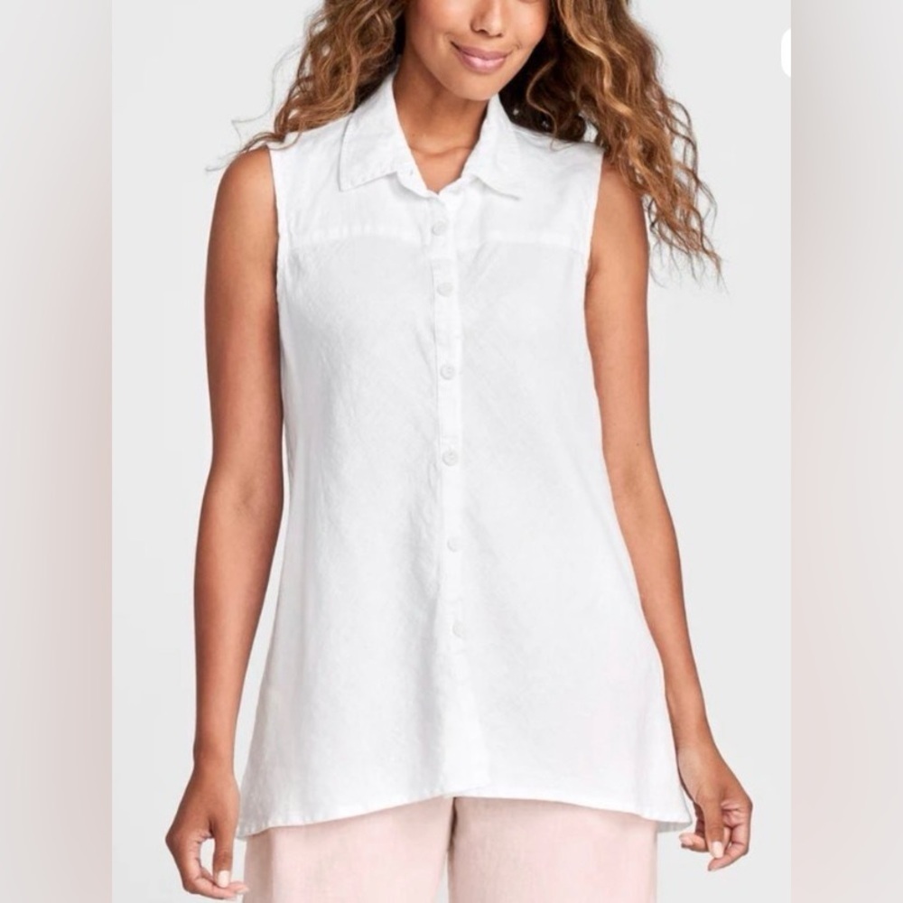 FLAX Women’s Skyline Blouse Sleeveless Linen Button Tunic S Longlines Lagenlook
